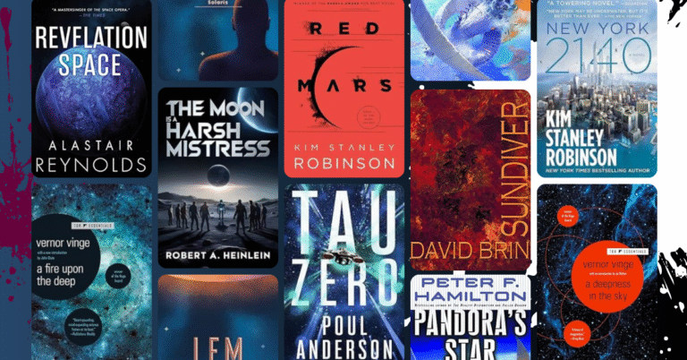 Collage of classic and modern hard science fiction book covers including Revelation Space, Red Mars, and The Moon Is a Harsh Mistress