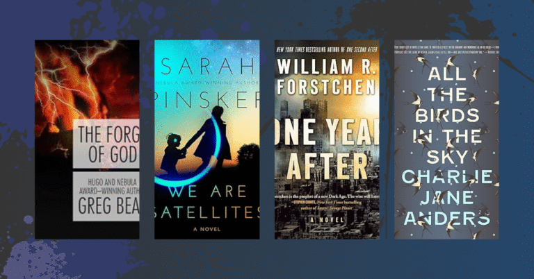 image for Apropos Books article on apocalyptic fiction books, featuring covers of The Forge of God, We Are Satellites, One Year After, and All the Birds in the Sky without text overlay.