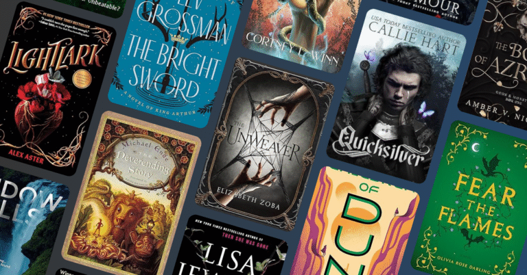 Book collage featuring August 2025 Kindle bestsellers, including Lightlark, The Bright Sword, The Neverending Story, The Unweaver, Quicksilver, Fear the Flames, and more trending titles.