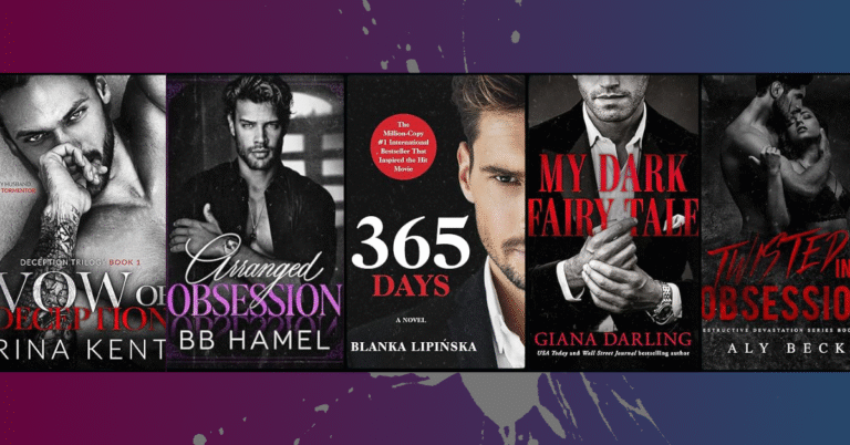 Featured image for Apropos Books article on dark mafia romance, showing book covers of Vow of Deception, Arranged Obsession, 365 Days, My Dark Fairy Tale, and Twisted in Obsession against a dark purple background.