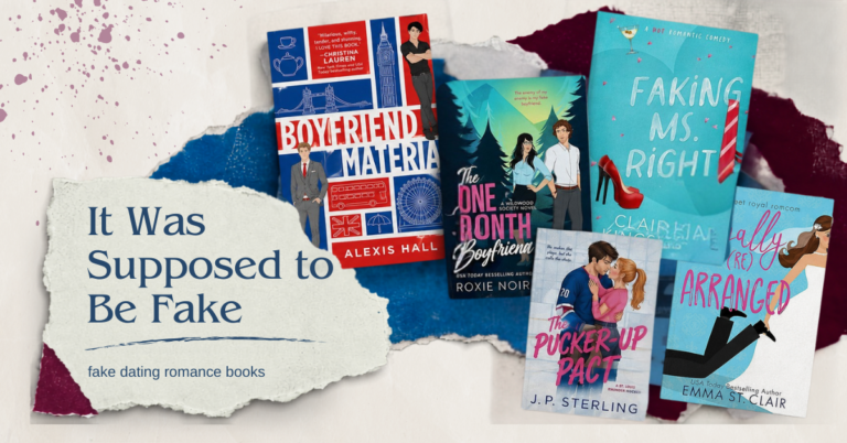 Fake dating romance book covers arranged in a clean editorial collage with torn cream paper and burgundy and navy accents.