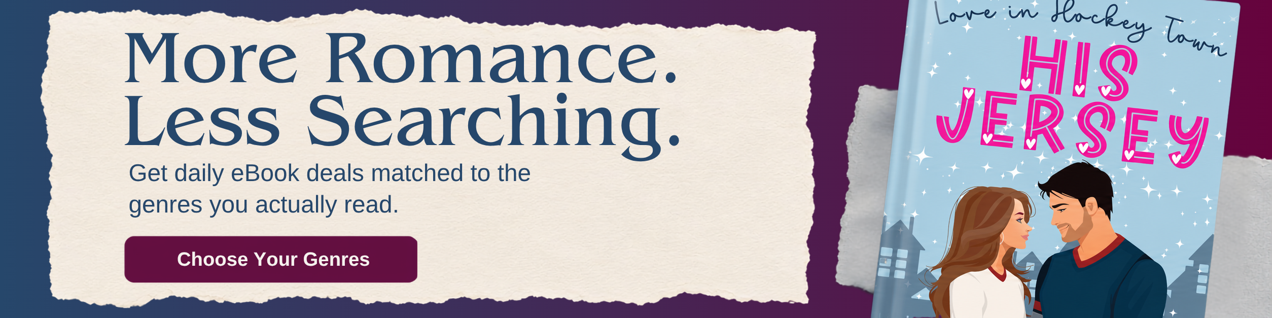 Apropos Books newsletter banner promoting daily romance eBook deals with torn cream paper and a featured book cover.