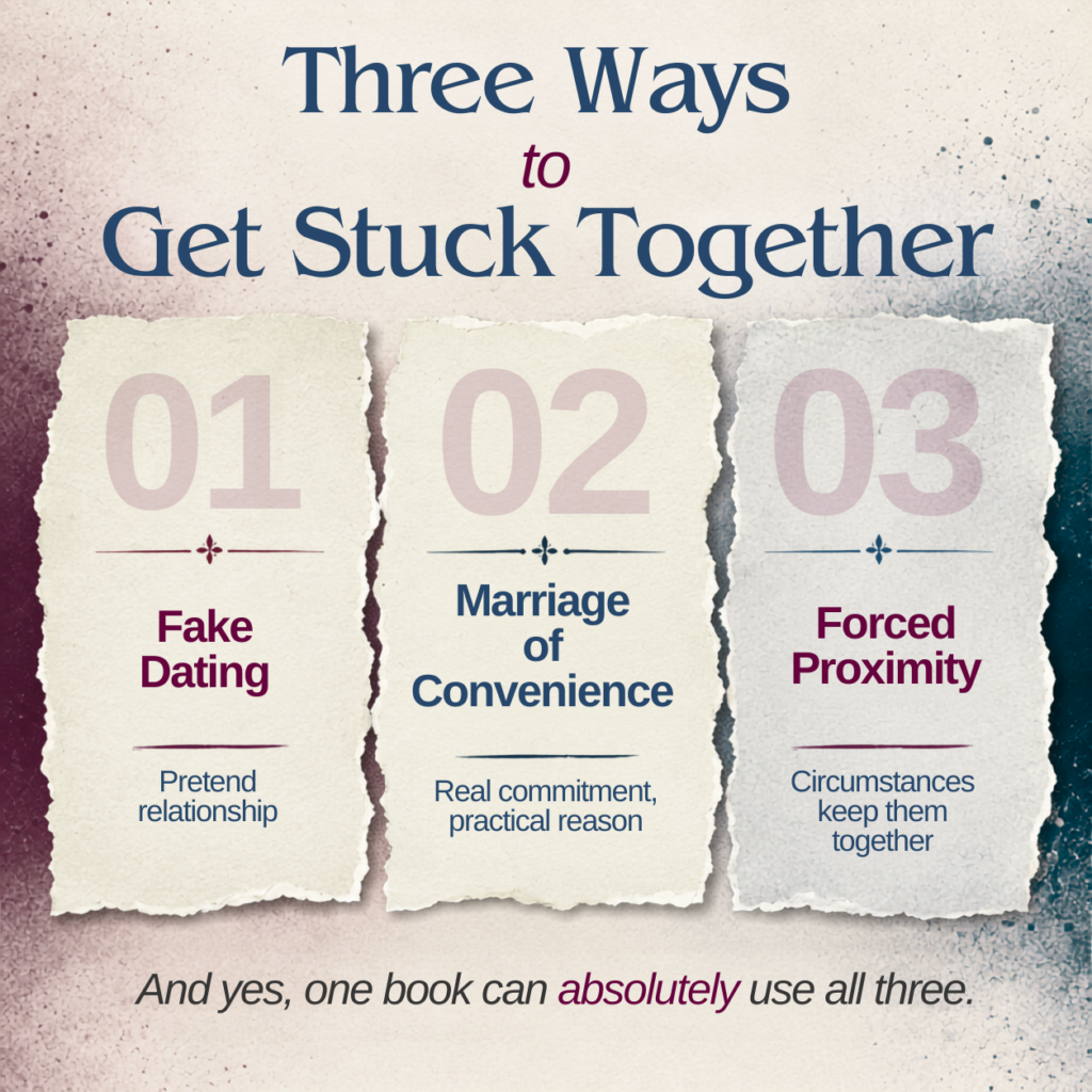 Comparison graphic showing fake dating, marriage of convenience, and forced proximity romance tropes.