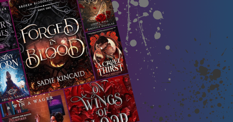 Collage of vampire romantasy book covers including Forged in Blood, A Cruel Thirst, On Wings of Blood, and Destiny Born against a purple background splattered with ink.