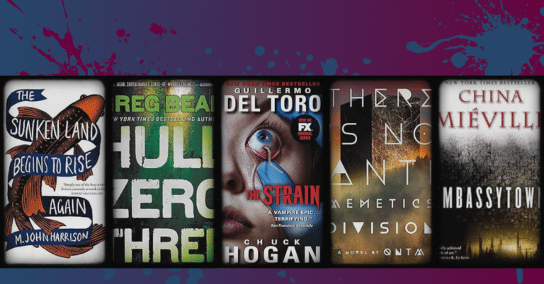 Book covers of The Sunken Land Begins to Rise Again, Hull Zero Three, The Strain, There Is No Antimemetics Division, and Embassytown displayed against a dark splattered background.