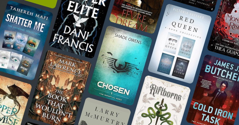 Flat lay collage of September’s bestselling books including Shatter Me, Silver Elite, Red Queen, The Book That Wouldn’t Burn, and Cold Iron Task with a dark blue background.