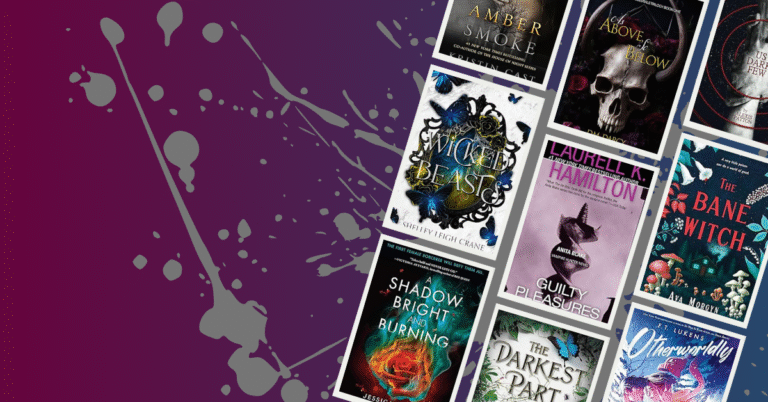 Book covers for paranormal fiction titles including Wicked Beasts, Amber Smoke, As Above So Below, and The Bane Witch on a dark purple background with ink splatter design.