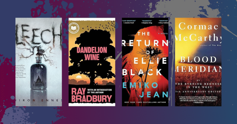 Covers of Leech by Hiron Ennes, Dandelion Wine by Ray Bradbury, The Return of Ellie Black by Emiko Jean, and Blood Meridian by Cormac McCarthy on a dark purple background.