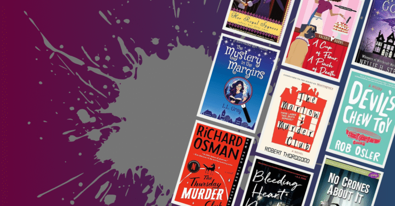 Stack of cozy mystery book covers including The Thursday Murder Club, The Marlow Murder Club, and Devil’s Chew Toy arranged against a purple background.