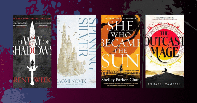 Book covers of The Way of Shadows, Spinning Silver, She Who Became the Sun, and The Outcast Mage displayed side by side on a dark background.