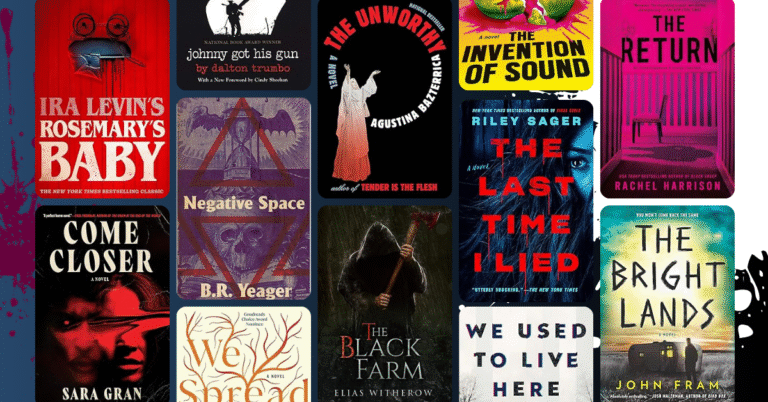 Collage of psychological horror book covers including Rosemary’s Baby, Come Closer, and The Last Time I Lied