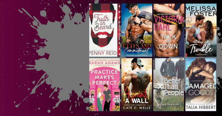 Collage of small town romance book covers including Truth or Beard, Cuffs and Commitment, and Talk Me Down on a maroon background with paint splatter design.