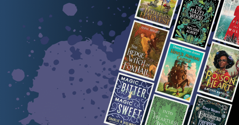 Collage of cottagecore fantasy book covers including The Hedgewitch of Foxhall, The Hazel Wood, Magic Bitter Magic Sweet, Howl’s Moving Castle, and This Poison Heart on a blue textured background.