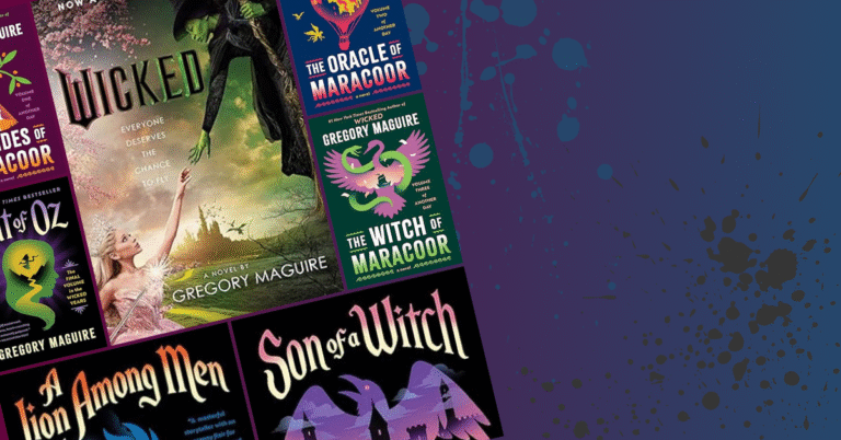 Covers from the Wicked and Another Day series arranged in a diagonal collage with a blue and purple splatter background.