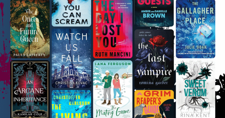 A collage of December 2025 book covers including The Once and Future Queen, You Can Scream, The Day I Lost You, Watch Us Fall, The Gallagher Place, The House Guests, The Last Vampire, The Mating Game, An Arcane Inheritance, The Living and the Dead, A Grim Reaper’s Guide to Cheating Death, and Sweet Venom.