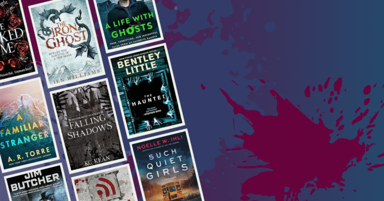 Book covers from October 2025 bestsellers, including The Iron Ghost, Falling Shadows, Such Quiet Girls, and A Life with Ghosts on a dark purple background.