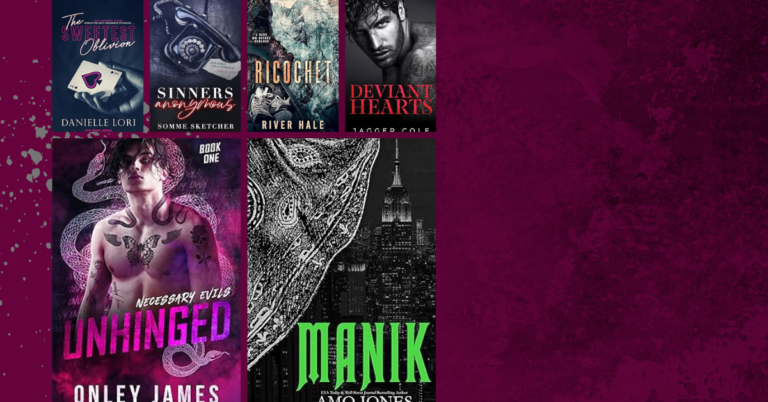 Collage of dark romance book covers on a burgundy textured background with empty space for text.