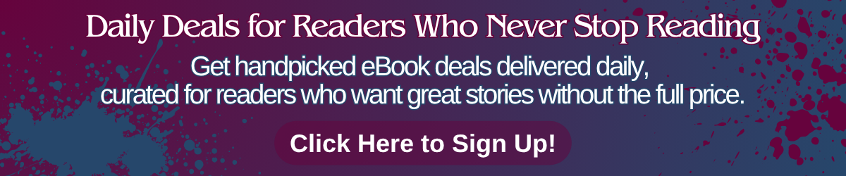 Purple and blue splatter-style banner with text promoting daily curated ebook deals and a button inviting readers to sign up.