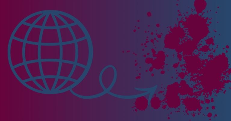 A globe icon with a curved arrow pointing toward scattered ink-style splatters on a gradient background.