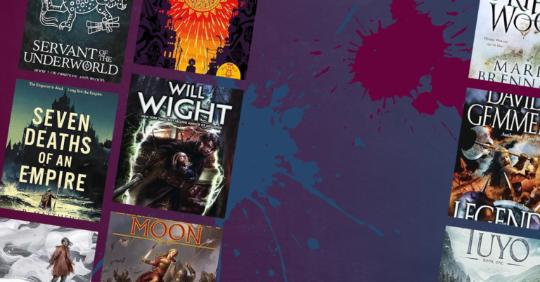 A collage of fantasy book covers arranged around a textured background with ink splatter effects.