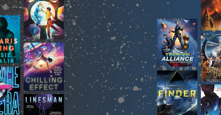 Book covers arranged along the left and right sides of a blue speckled background.