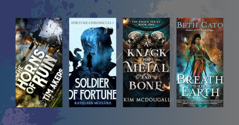 A row of steampunk book covers featuring mechanical imagery, fantasy characters, and industrial city settings