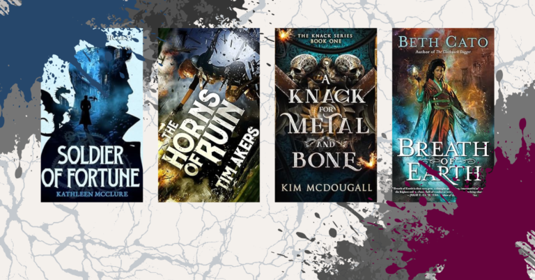 Four steampunk book covers on a light background with blue, gray, and magenta paint splatters.