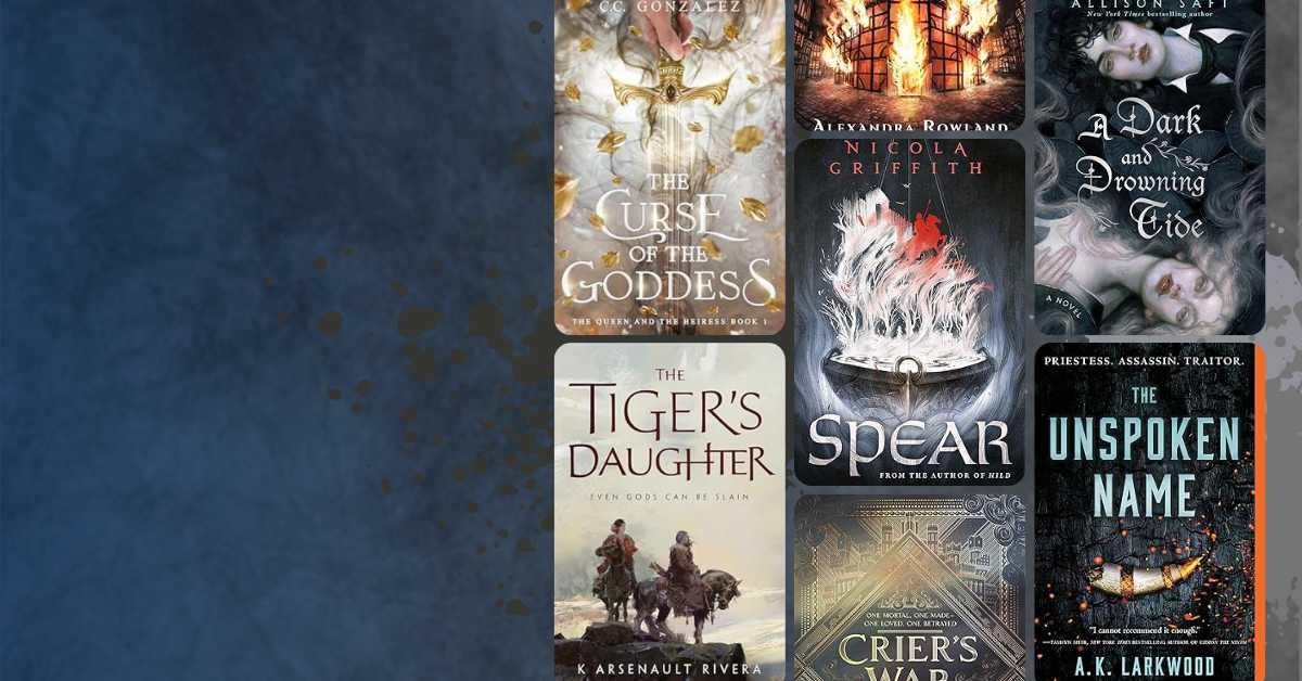 Collage of sapphic fantasy book covers on a dark blue textured background, including The Curse of the Goddess, The Tiger’s Daughter, Spear, A Dark and Drowning Tide, Crier’s War, and The Unspoken Name.