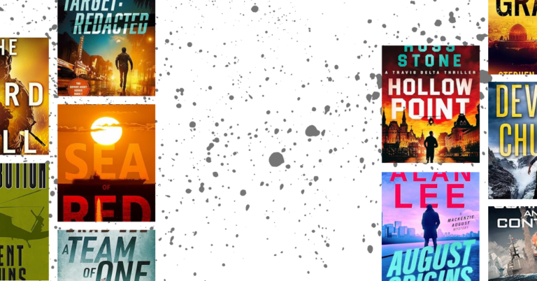 Collection of high stakes action and thriller book covers with lone protagonists and explosive settings, representing books like Jack Reacher