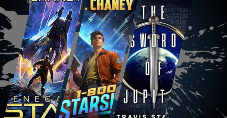Collage of science fiction book covers featuring spaceships, a pilot, and a sword over a planet