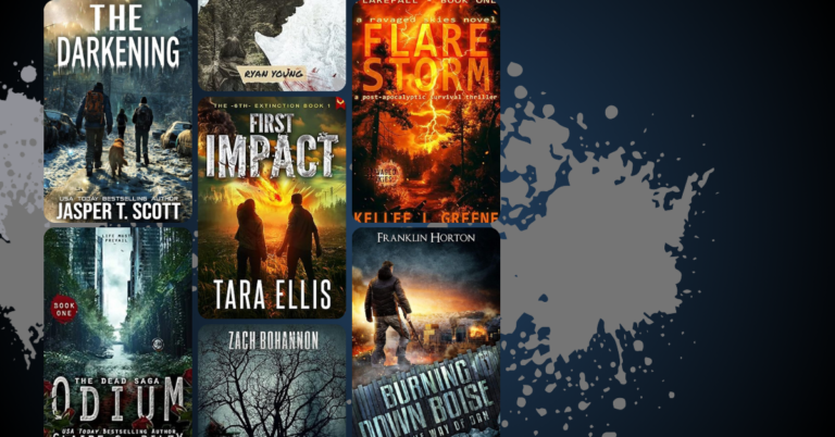 A collage of post apocalyptic book covers including The Darkening, First Impact, Flare Storm, and Burning Down Boise.