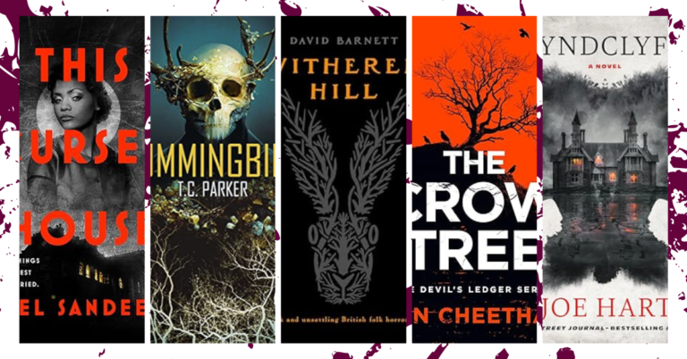 Row of gothic horror book covers including This Cursed House, Hummingbird, Withered Hill, The Crow Tree, and Wyndclyffe