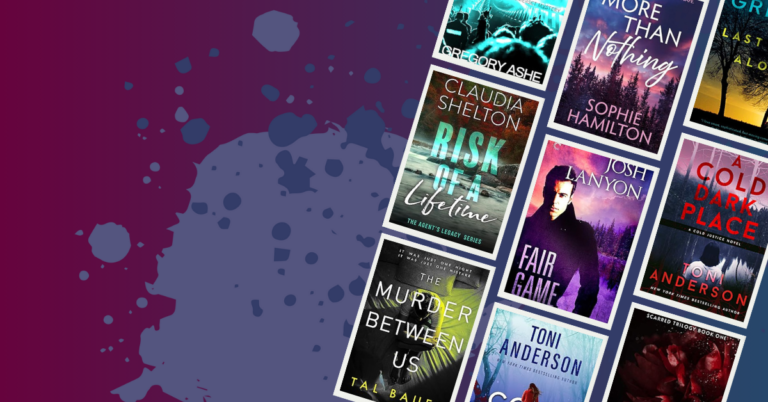 A diagonal collage of thriller and mystery ebook covers on a purple splatter background