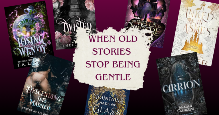 A collage of dark fairy tale book covers including Twisted, Thorns at Sunrise, and The Book of Lost Things on a dark background.
