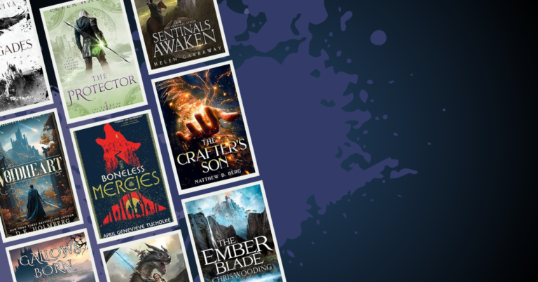 Collage of young adult fantasy book covers arranged vertically on a dark blue background