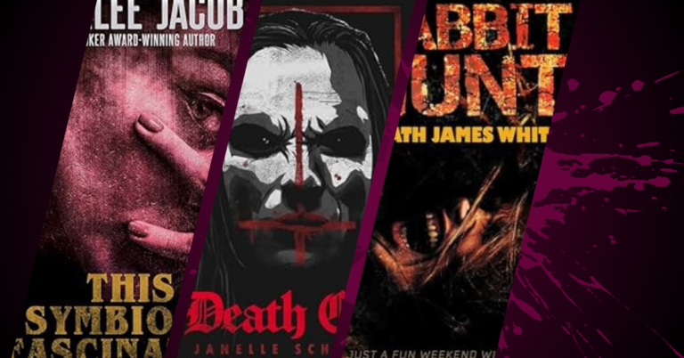 Collage of splatterpunk book covers including This Symbiotic Fascination, Death Cult, and Rabbit Hunt with dark red overlay accents.