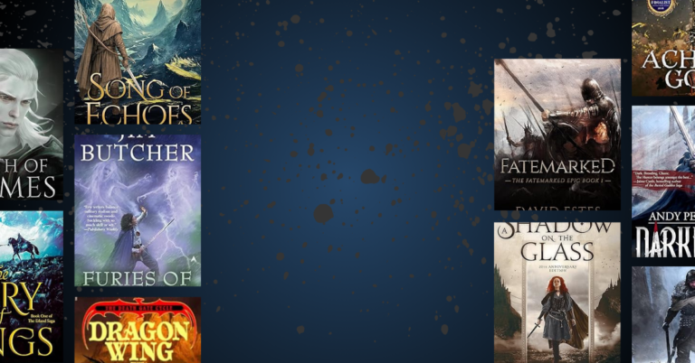collage of high fantasy book covers including furies of calderon, song of echoes, fatemarked, and a shadow on the glass