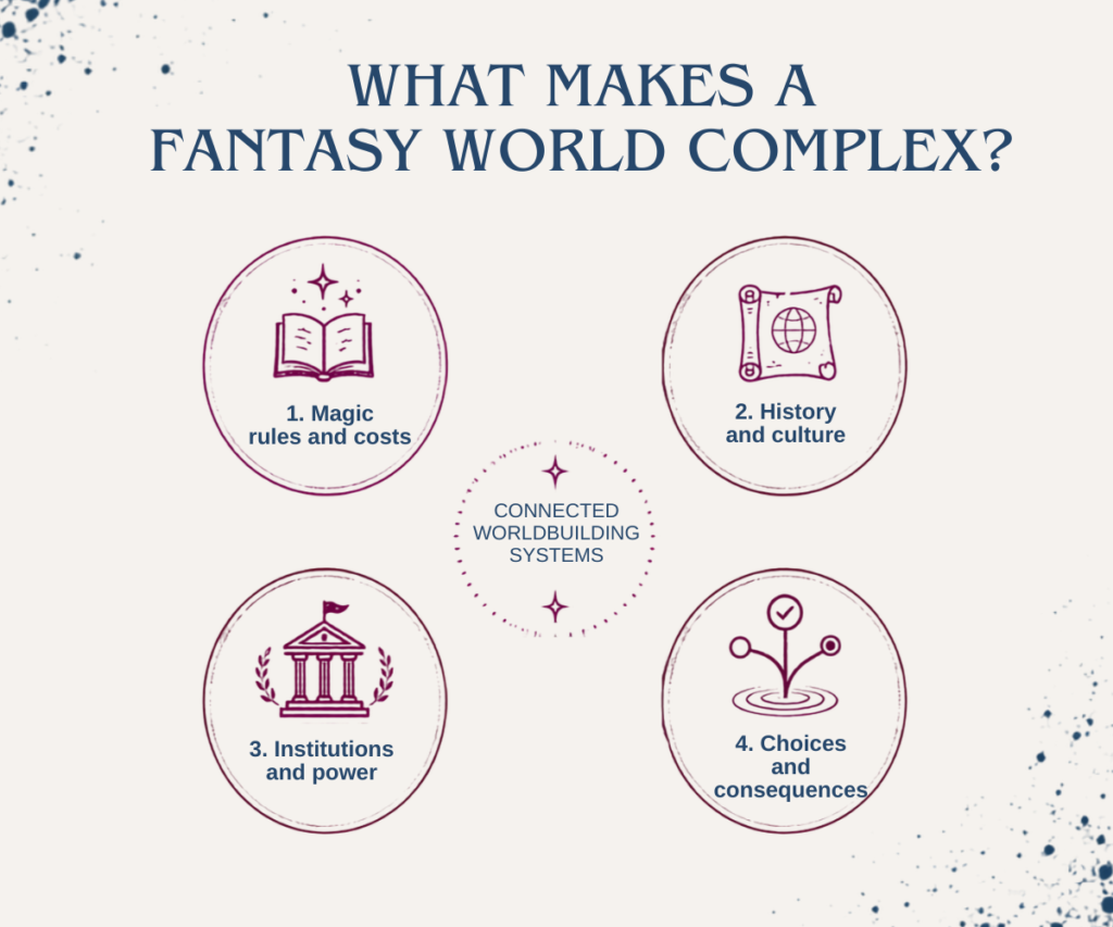 Diagram showing how magic, history, political power, and character consequences create complex fantasy worlds.
