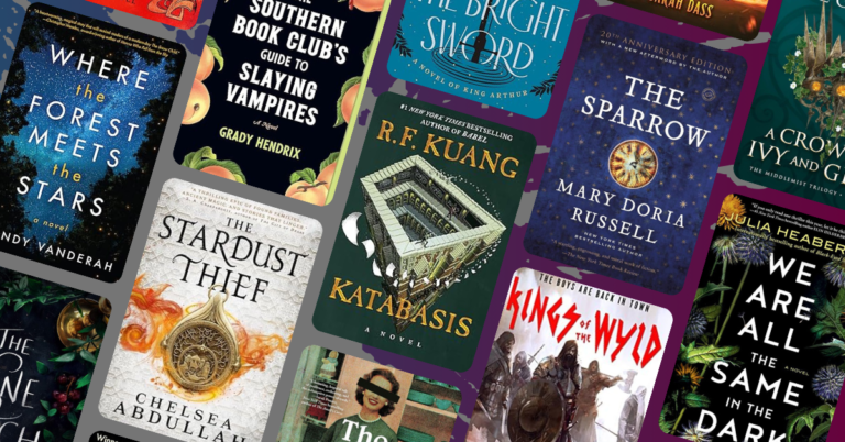 Collage of March book covers arranged at angles on a purple background.