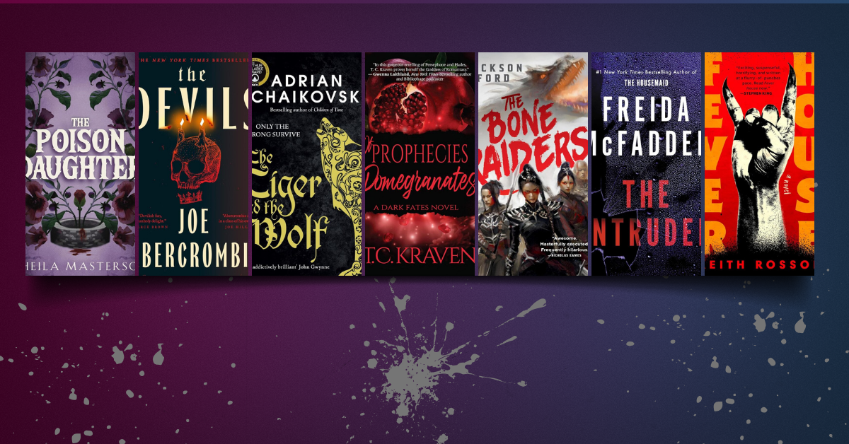 Featured image for an April reader favorites blog showing seven book covers on a purple and blue gradient background with ink splatter accents.