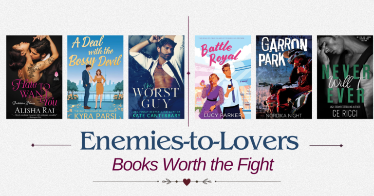 Collage of enemies-to-lovers romance book covers arranged across a cream background with burgundy and navy accents.