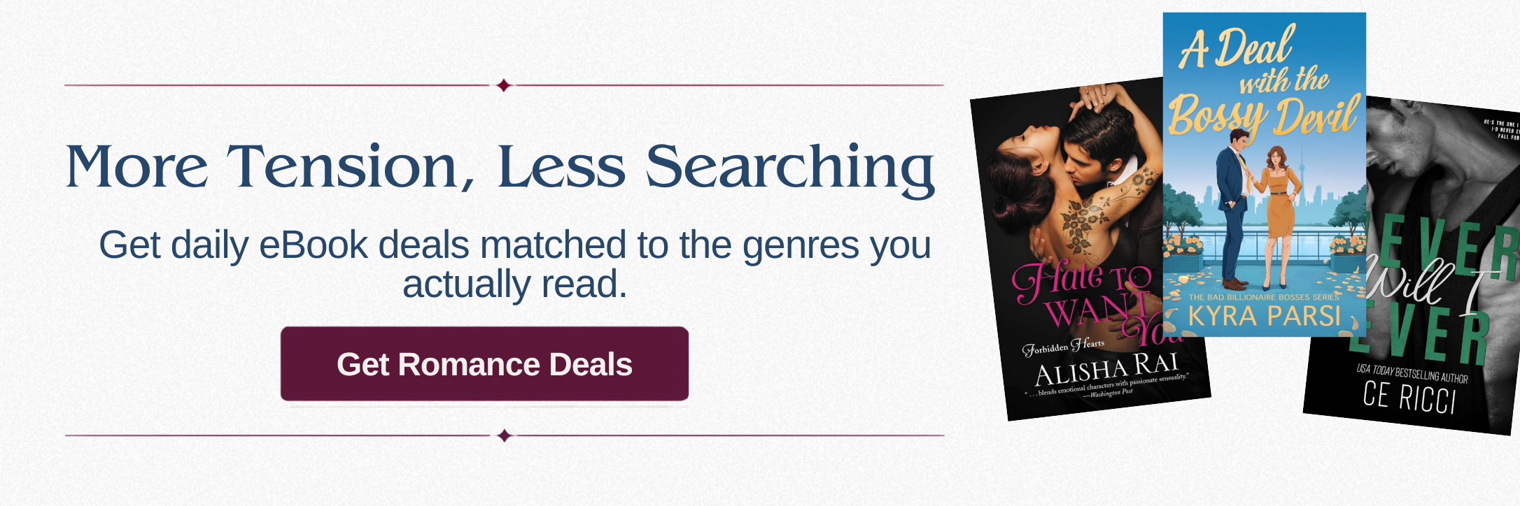 Newsletter signup banner inviting romance readers to receive daily eBook deals.