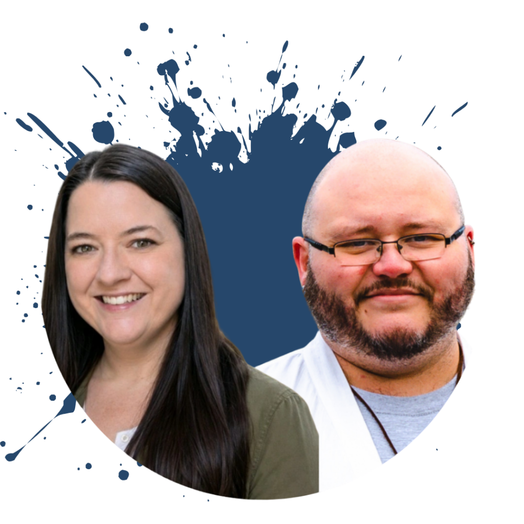 Picture of Jaime and Travis of Apropos Books on blue ink splatter background.