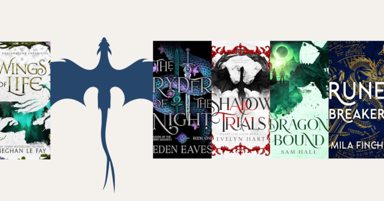 Featured image collage for dragon romantasy books with fantasy book covers and a blue dragon silhouette on a cream background.