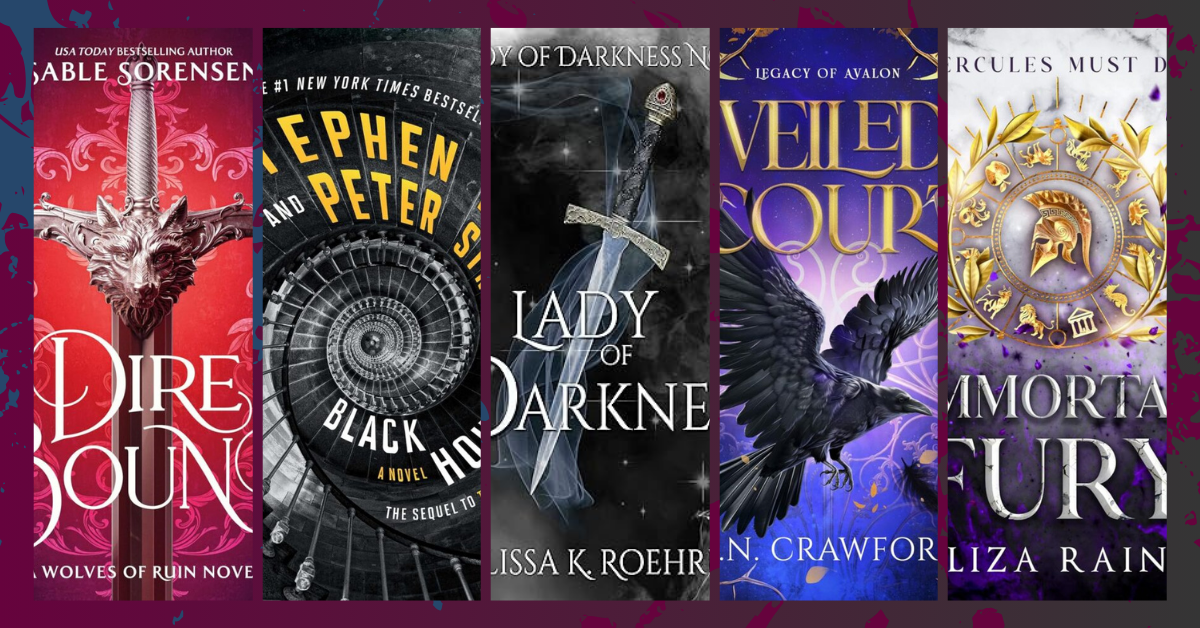 Collage of book covers featured in the May book bestsellers blog, including Dire Bound, Black House, Lady of Darkness, Veiled Court, and Immortal Fury.