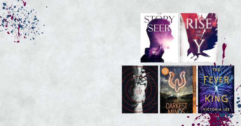 Collage of YA dystopian book covers on a white and blue ink-splatter background for a books like Divergent blog post.