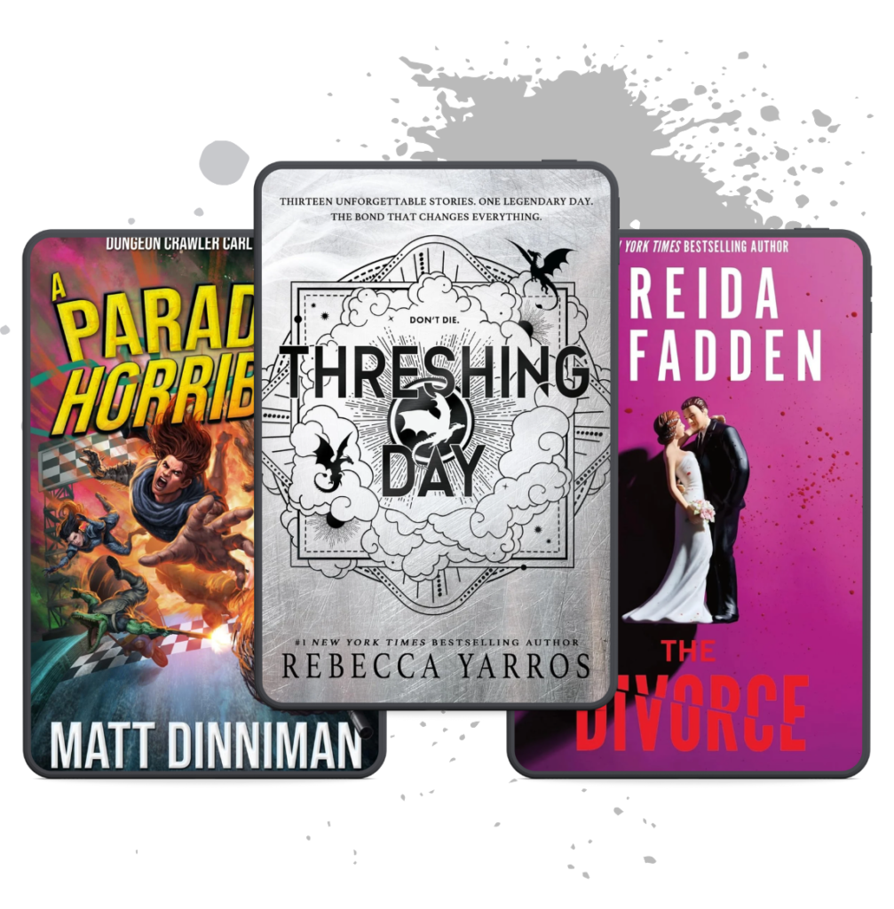 Book cover collage featuring Threshing Day by Rebecca Yarros, A Parade of Horribles by Matt Dinniman, and The Divorce by Freida McFadden.