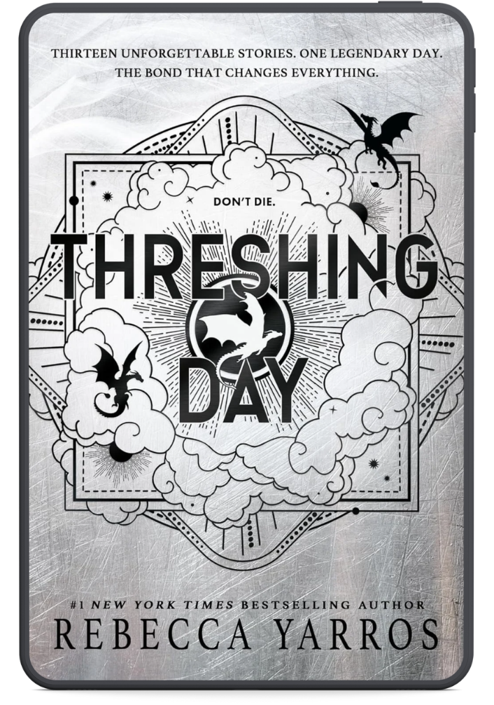 Book cover of Threshing Day by Rebecca Yarros, featuring black-and-white dragons surrounded by illustrated clouds.