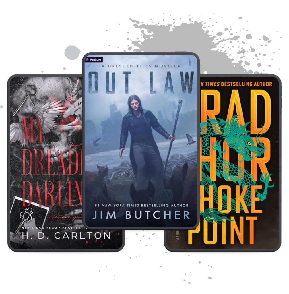Book cover collage featuring Out Law by Jim Butcher, My Dreadful Darling by H. D. Carlton, and a dragon fantasy novel.