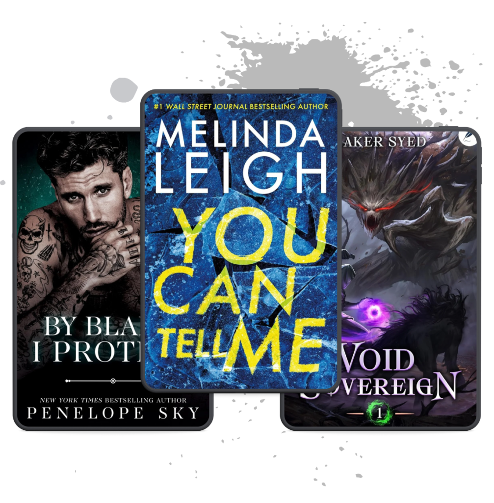 Book cover collage featuring You Can Tell Me by Melinda Leigh, By Blade, I Protect by Penelope Sky, and Void Sovereign by Baker Syed.